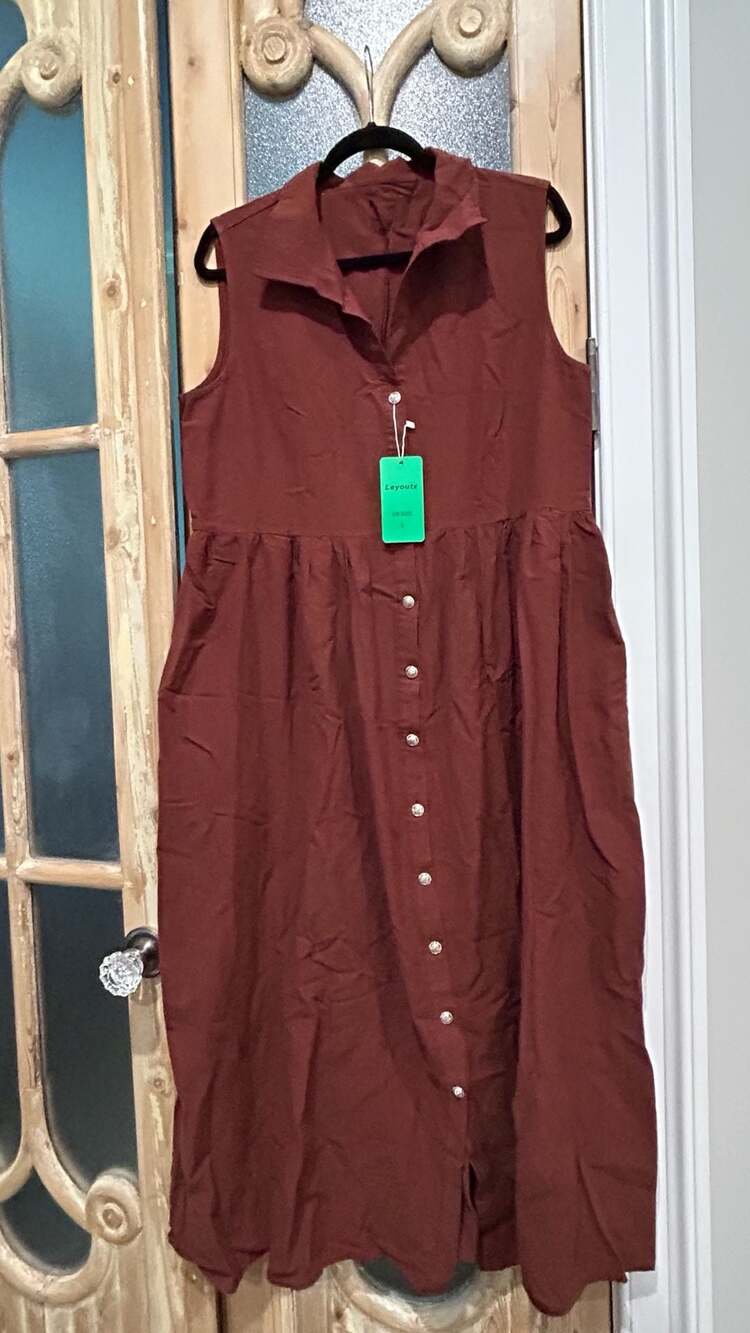 Leyoutx Sleeveless Button Down Maxi Dress Size L Rust Linen Blend Dress